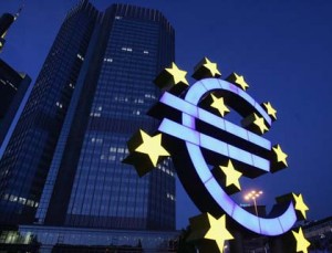 FRANKFURT, GERMANY - JUNE 13:  A huge euro logo is seen in front of the headquarters of the European Central Bank (ECB) on June 13, 2005 in Frankfurt, Germany. The German economy was suffering due to the dollar's rise against most major currencies on Monday, especially the euro, which hit a new nine-month low against the dollar.  (Photo by Ralph Orlowski/Getty Images)