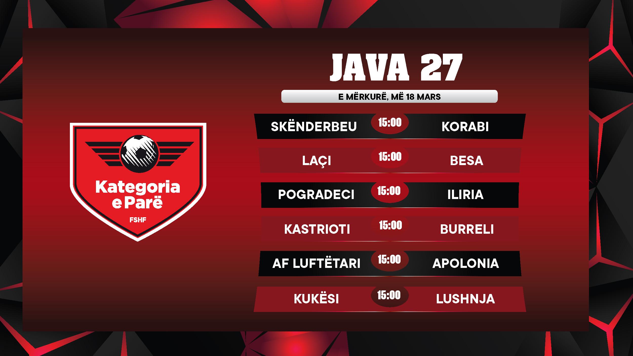 Kategoria e Parë  Java e 27 të luhet të mërkurën  sfida të rëndësishme për pretendentët