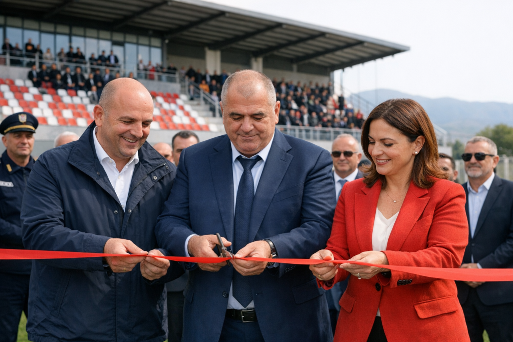 Duka inaguron tribunën e re moderne në stadiumin e Vorës  ne ceremoni marrin pjesë edhe Kryetari i Bashkisë dhe Ministri Turizmit  Kulturës dhe Sportit  foto 