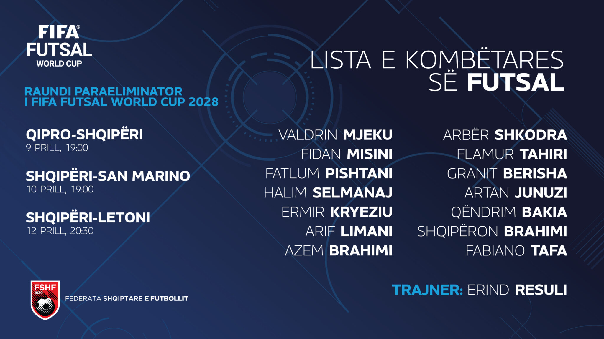 Para eliminatoret e Botërorit 2028  Kombëtarja e Futsallit nis sot përgatitjet  trajneri Resuli fton 14 futbollistë