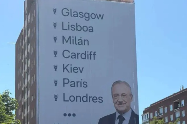 Perez nis fushatën  pranë Bernabeut varet një baner me shtatë qytetet ku fitoi Champions in Real i i tij