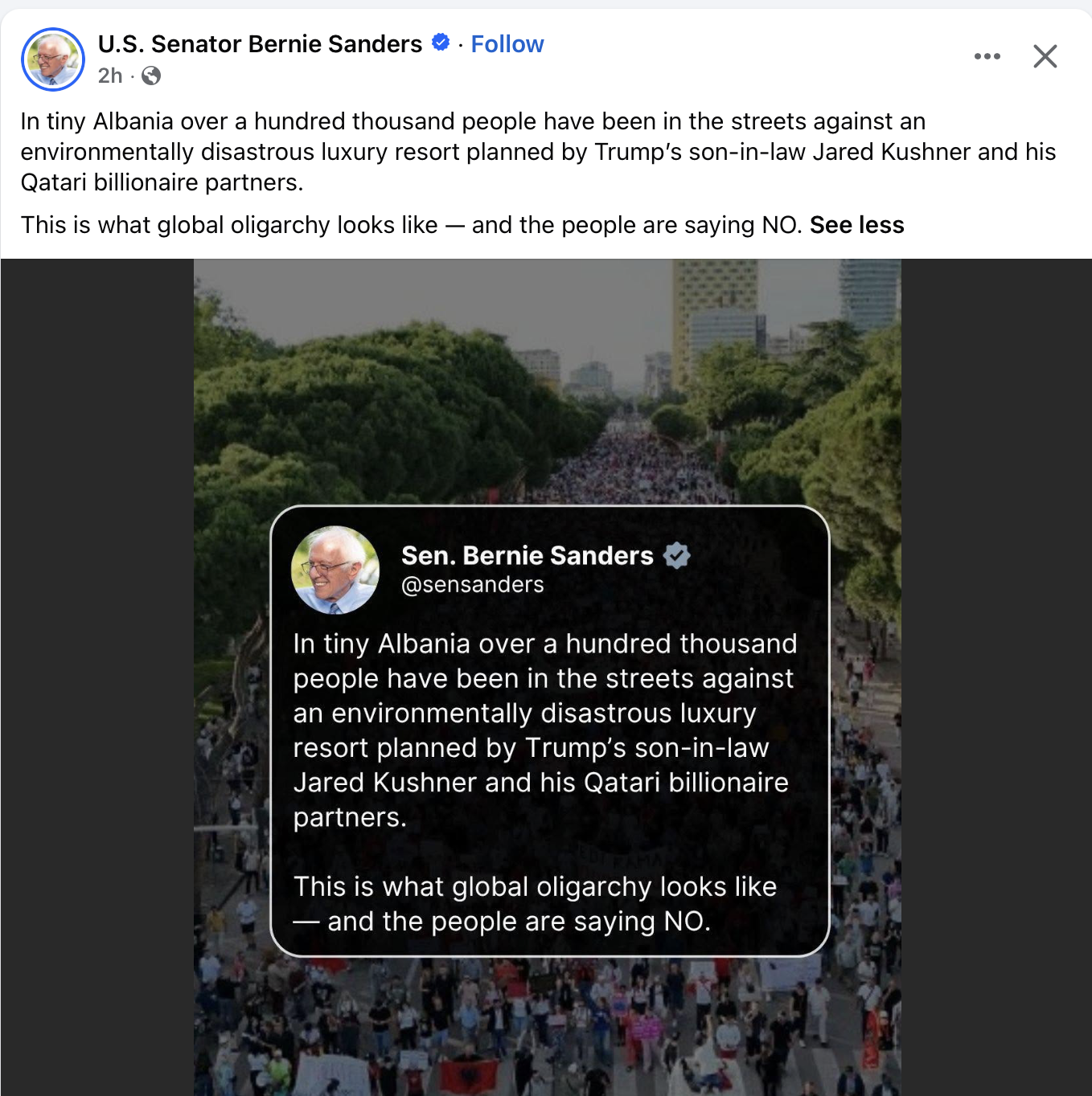 Bernie Sanders për protestat në Shqipëri  Mbi 100 mijë njerëz në rrugë kundër projektit të Kushner