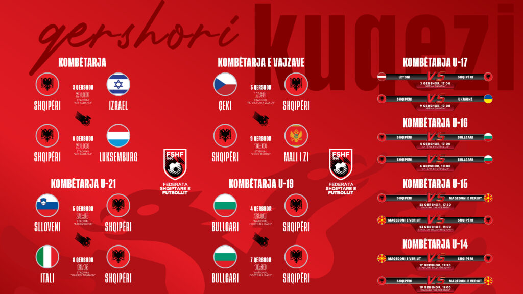 Qershori kuqezi  Nga Kombëtarja A tek U 14 a  16 ndeshje në program për gjithë ekipet