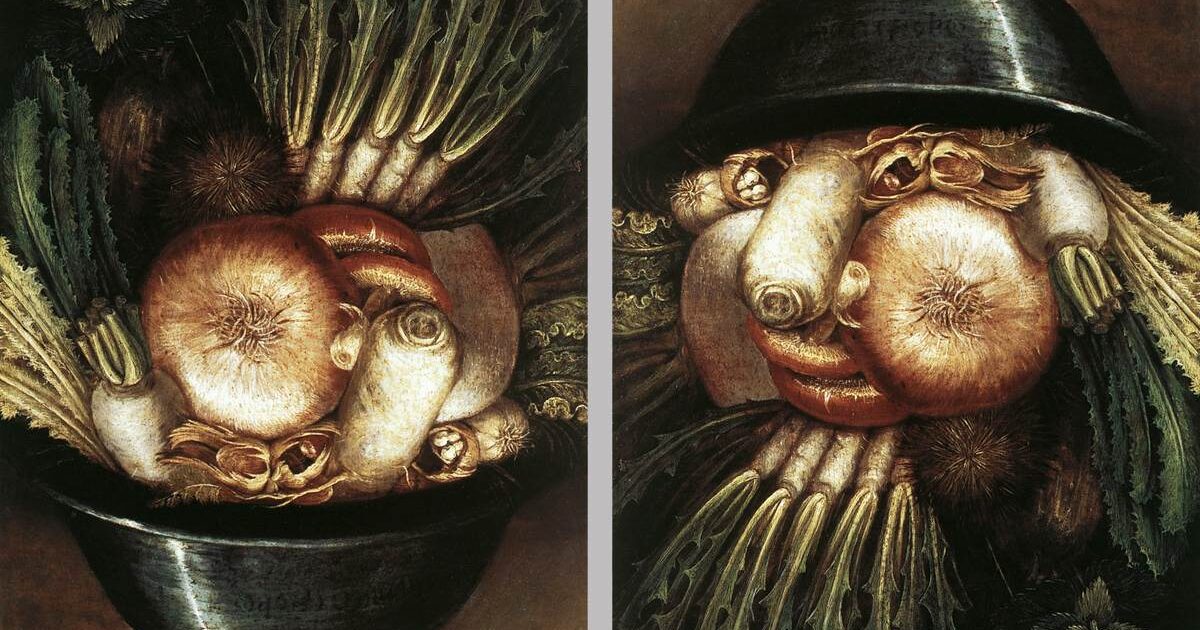 «Kopshtari i perimeve» (The Vegetable Gardener, rreth 1590) i Giuseppe Arcimboldo-së — portret i ndërtuar nga perime.