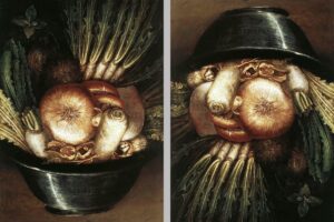 «Kopshtari i perimeve» (The Vegetable Gardener, rreth 1590) i Giuseppe Arcimboldo-së — portret i ndërtuar nga perime.