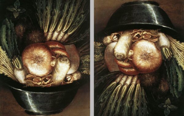 «Kopshtari i perimeve» (The Vegetable Gardener, rreth 1590) i Giuseppe Arcimboldo-së — portret i ndërtuar nga perime.