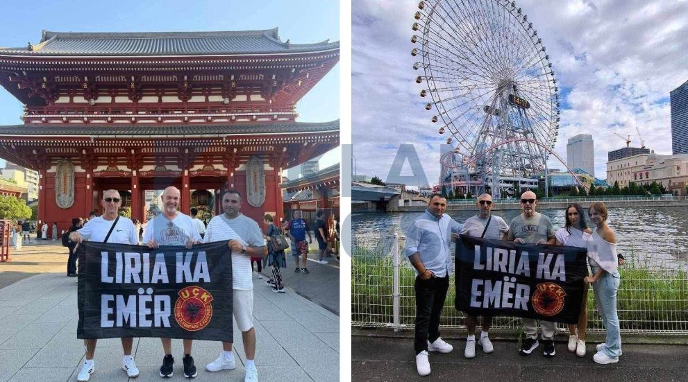 Pankarta "Liria ka Emër" me emblemën e UÇK-së, mbajtur në Japoni