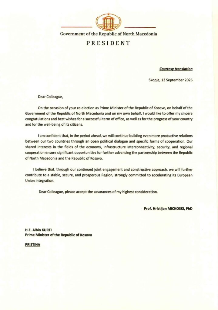 Kurti merr letra urimi për formimin e Qeverisë nga kryeministrat e Maqedonisë së Veriut e Malit të Zi dhe Ambasada e Gjermanisë