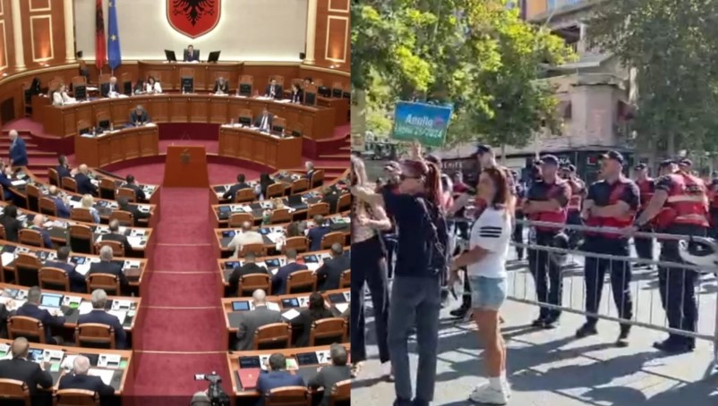 LIVE  Brenda Kuvend  jashtë protestë  Qytetarët grumbullohen në akset para Parlamentit  polica me gardh metalik  Debate në