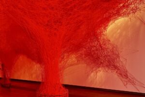 Instalacion me fije të kuqe i artistes Chiharu Shiota nga ekspozita "The Soul Trembles". Foto: Chris Olszewski, CC BY-SA 4.0