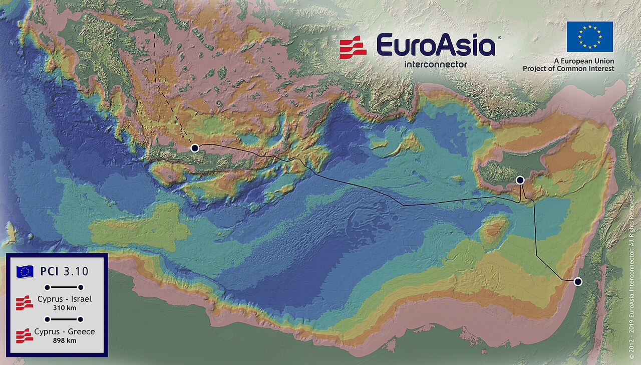 Harta e itinerarit të ndërlidhjes elektrike Greqi–Qipro (Great Sea Interconnector)