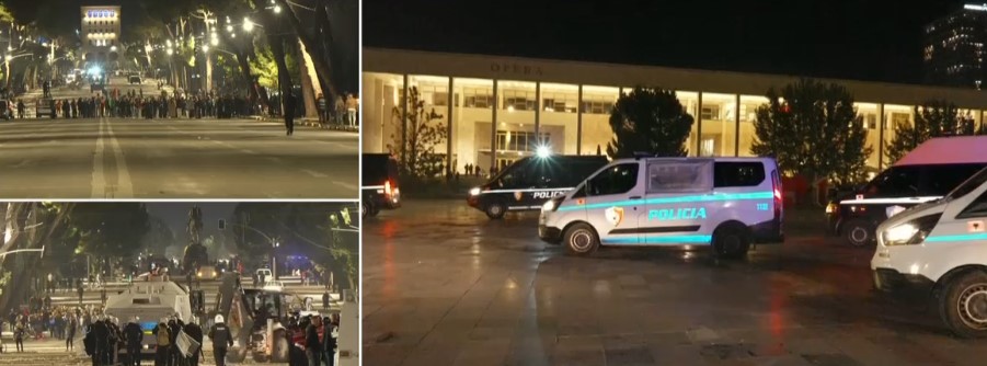 Protestuesit shpërndahen rrugëve  u vënë flakën koshave të mbeturinave  shkulin pllakat e  Sheshit Skënderbej   Polic