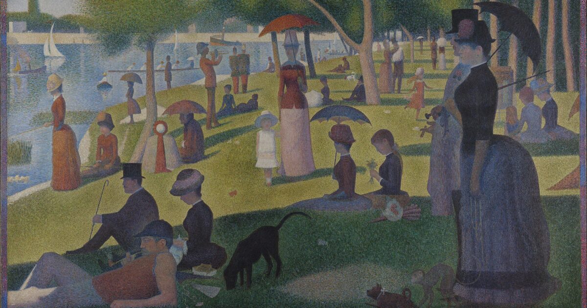 «Një pasdite e diele në ishullin La Grande Jatte» (1884) e Georges Seurat — piktura që frymëzoi muzikali (domen publik, Wikimedia Commons)