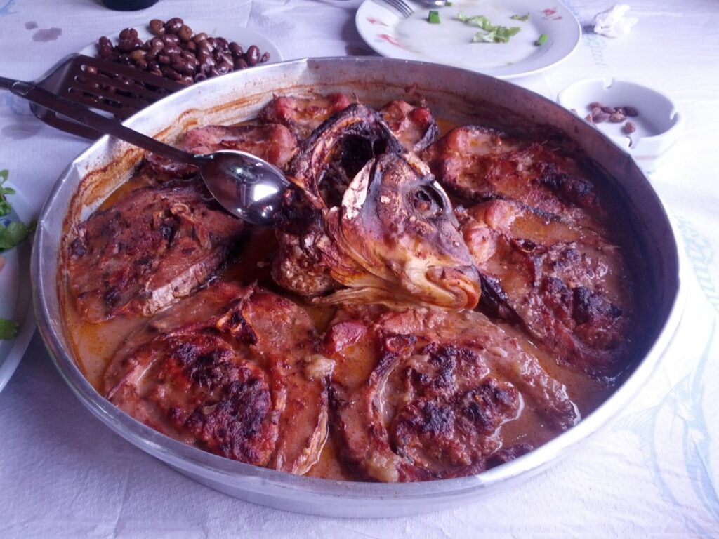 Tavë krapi tradicionale — specialiteti shqiptar me krap  qepë dhe salcë domatesh