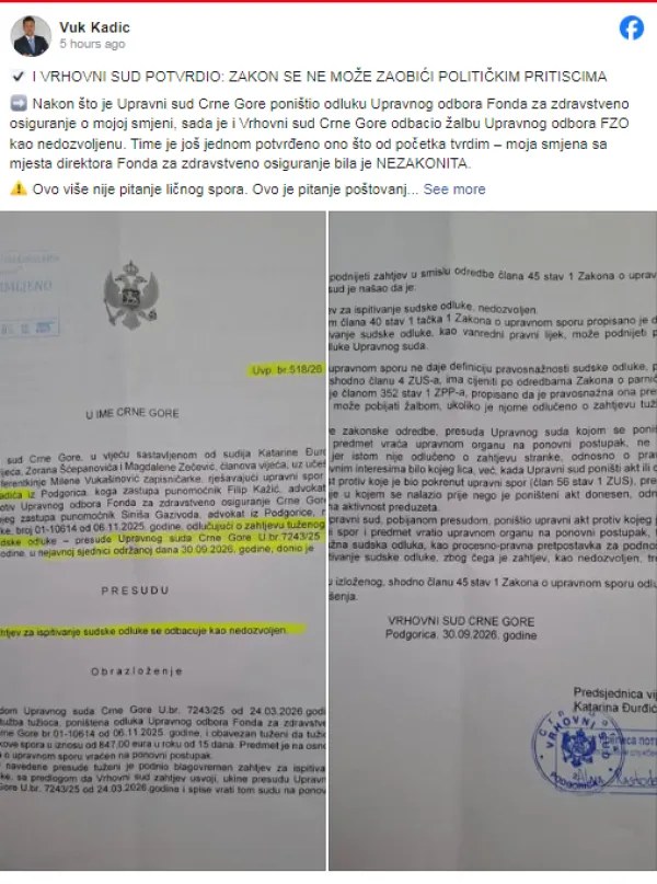 Gjykata Supreme hodhi poshtë ankesën e FZO së  Kadiq  shkarkimi im ishte i paligjshëm